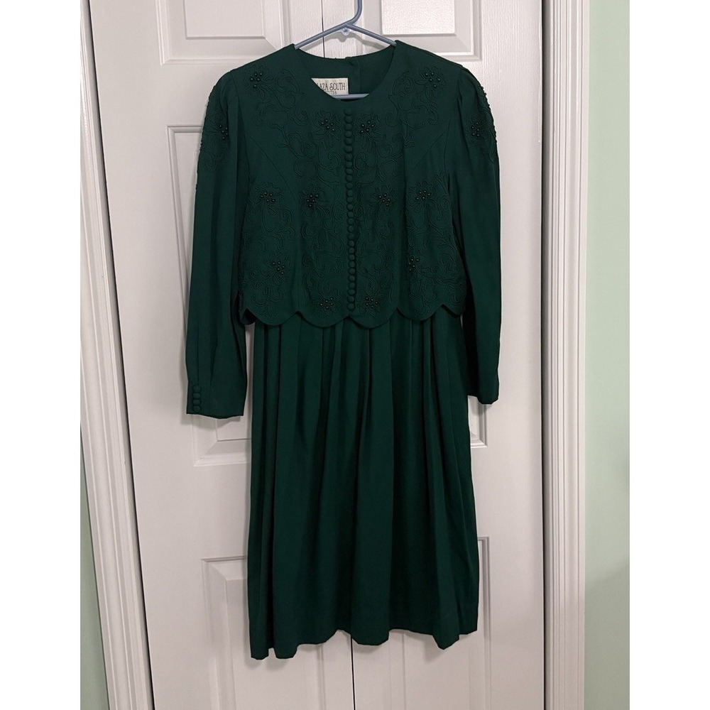 Vtg 90s Plaza South Petite Green Pleated‎ Dress Sz 8